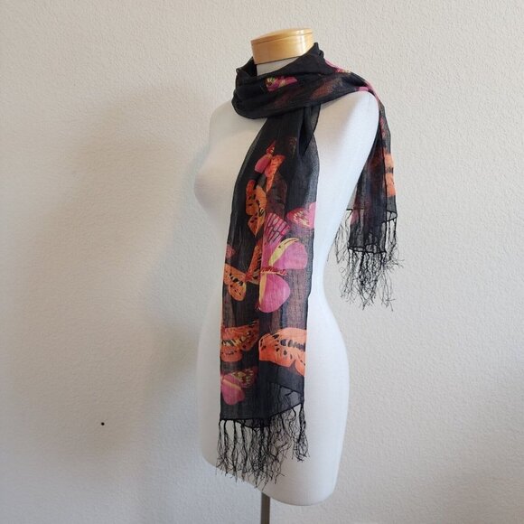 Butterfly Butterflies Print Sheer Lightweight Fringe Novelty Print Scarf Wrap - Picture 3 of 8